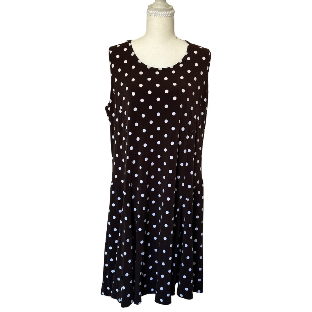 Susan Graver Womens Brown White Polka Dot Sleeveless Fit Flare Godet Dress XL - Picture 2 of 7